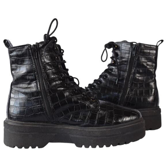 Simply Be. Black Croc Faux Leather Platform Combat Boots Size 7 Extra Wide - Picture 6 of 9